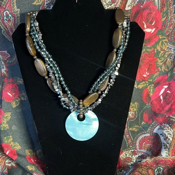 Hematite, Glass, Wood Multi-Strand Necklace Mother of Pearl Shell Pendant - Picture 5 of 6